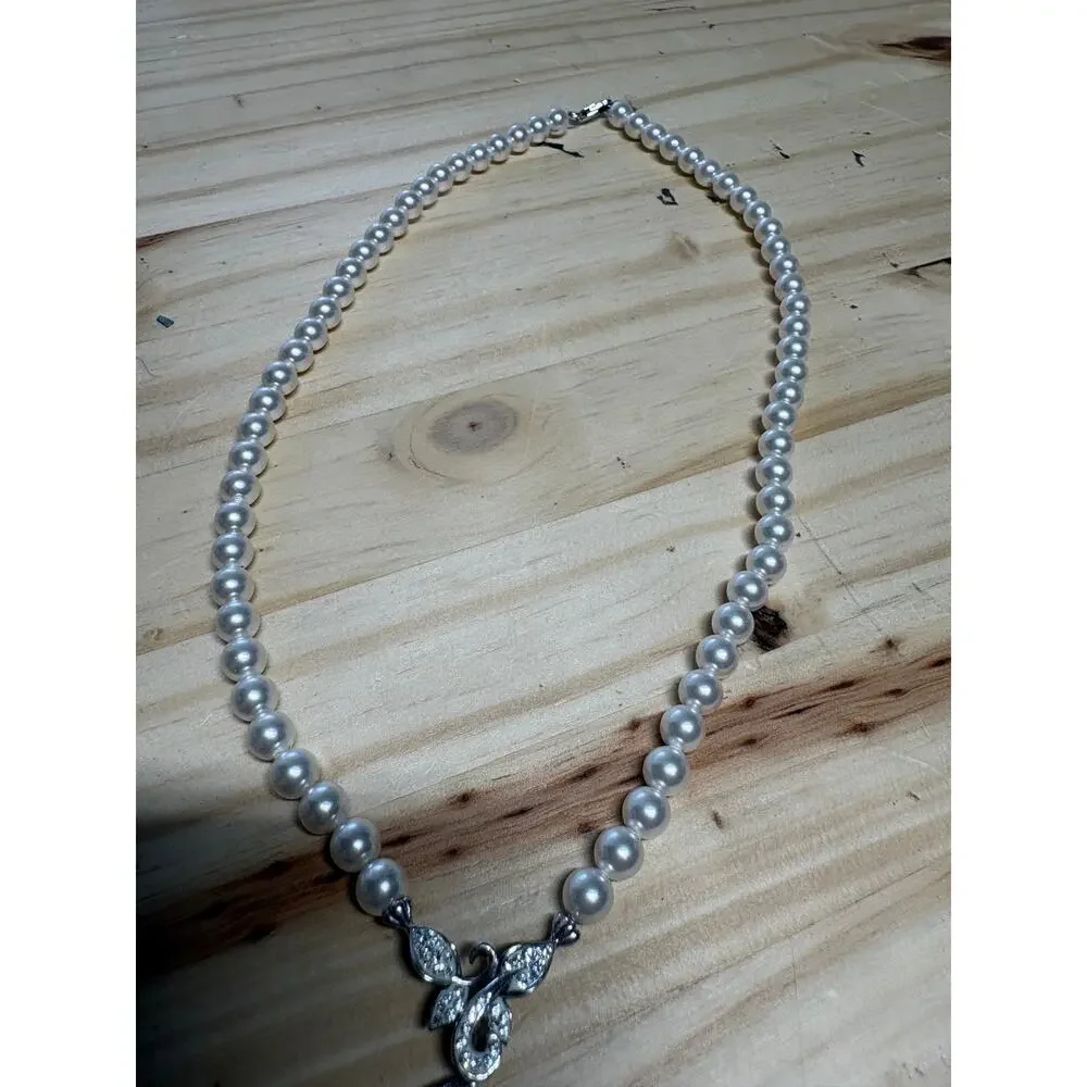 Vintage Faux Pearl CZ Sterling Silver Necklace 925 AU